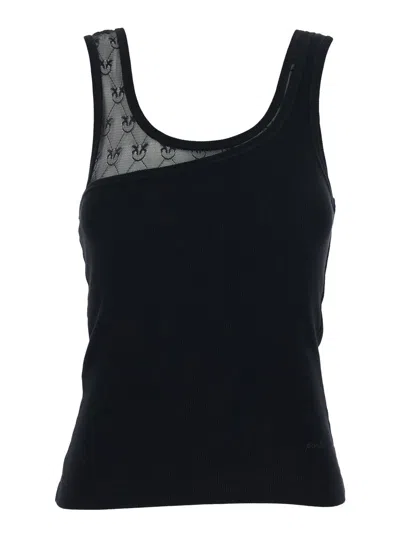 Pinko Black Sleeveless Top With Love Birds Embroidery On The Shoulder Strap In Cotton Stretch Woman In Pattern