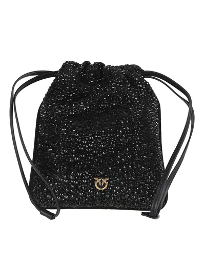 Pinko Black Slouchy Bag With Rhinestone Trim And Drawstring Closure