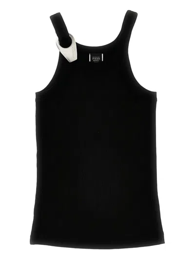 PINKO BLACK TANK TOP WITH BRAND LOGO BROOCH