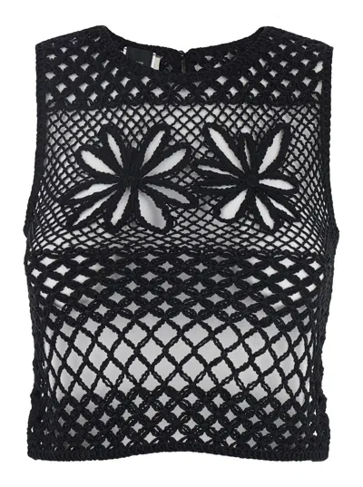 Pinko Black Top With Perforated Design And Diamond Motif And Floral Details In Viscose Blend Woman