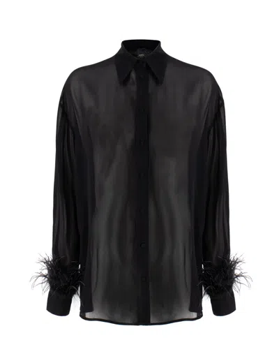 Pinko Black Viscose Georgette Blouse With Feather-trimmed Cuffs In Nero Limousine