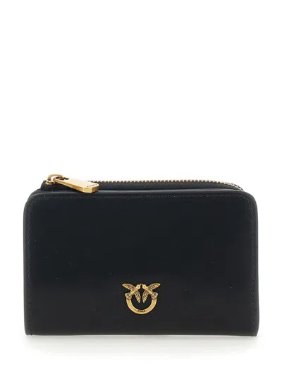 Pinko Black Wallet With Love Birds Plaque On The Front In Leather Woman