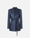 Pinko Glossy Satin Blazer With Belt And Sphere Accent In Blue
