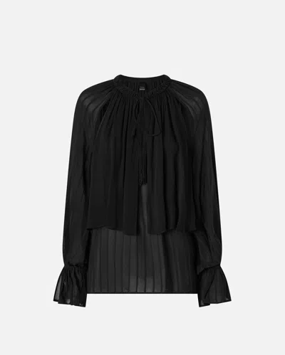 Pinko Blouse With Satin Stripes And Beaded Embroidery In Noir Limousine