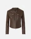 Pinko Nappa Leather Biker Jacket With Vertical Topstitching In Brown-sassicaia