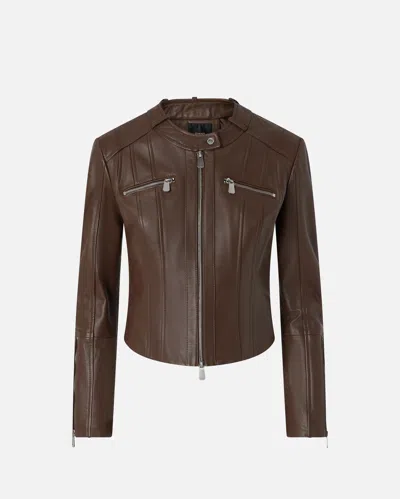 Pinko Nappa Leather Biker Jacket With Vertical Topstitching In Brown-sassicaia