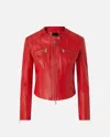 Pinko Nappa Leather Biker Jacket With Vertical Topstitching In Lively Red