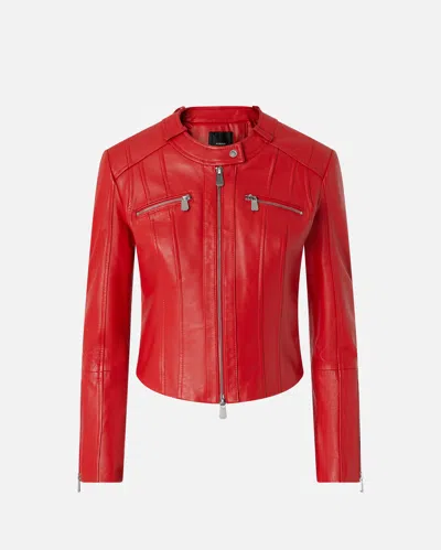 Pinko Nappa Leather Biker Jacket With Vertical Topstitching In Lively Red