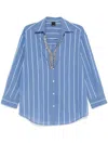 Pinko Blue And White Striped Shirt With Embellished Neckline In Blue