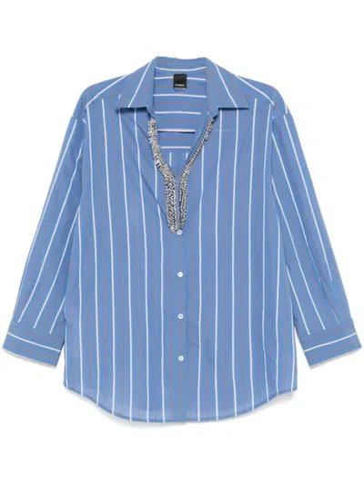 Pinko Blue And White Striped Shirt With Embellished Neckline In Blu E Bianco