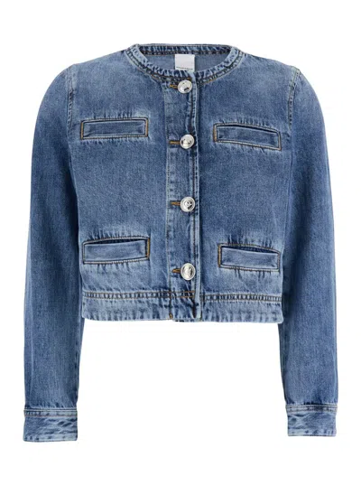 PINKO BLUE CROPPED JACKET WITH PATCH POCKETS ON THE FRONT IN COTTON BLEND WOMAN