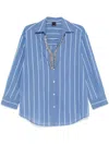 Pinko Blue And White Striped Shirt With Embellished Neckline In Blue