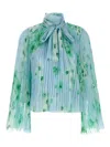 Pinko Pleated Sheer Floral Bow Long Sleeves In Blue