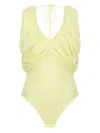 Pinko Gathered V-neck Bodysuit With Back Drawstring In Yellow