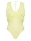 Pinko Gathered V-neck Bodysuit With Back Drawstring In Yellow