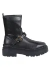 Pinko Rounded Toe Black Leather Ankle Boots With Front Strap In Black