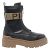 Pinko Leather Combat Boots With Branded Front Stretch Ribbon In Black