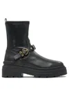 Pinko Rounded Toe Black Leather Ankle Boots With Front Strap In Black