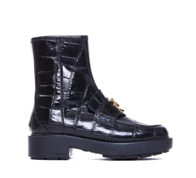 Pinko Crocodile Print Chunky Sole Ankle Boots In Black