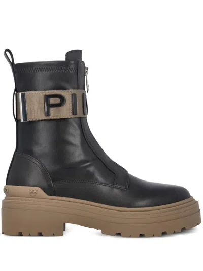 Pinko Leather Combat Boots With Branded Front Stretch Ribbon In Nero Limousine