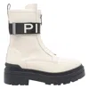 Pinko Leather Combat Boots With Branded Front Stretch Ribbon In White