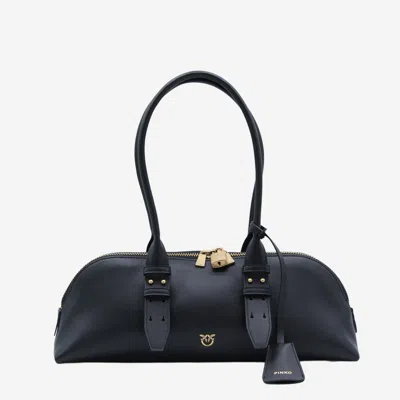 Pinko Bowling Bag Horizontal Black Handbag With Adjustable And Removable Shoulder Strap And Padlock Detail