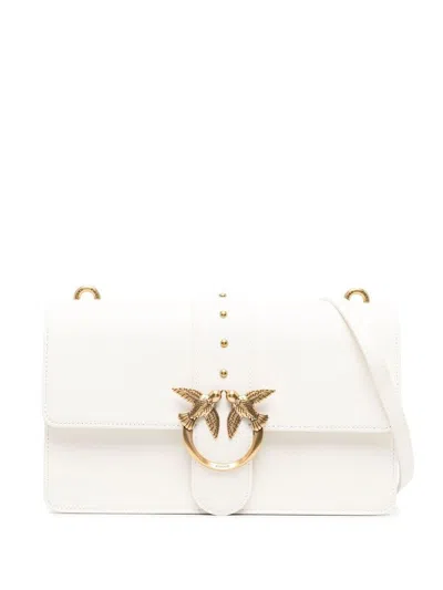 Pinko Love One Classic Leather Crossbody Bag In Bianco Seta-antique Gold