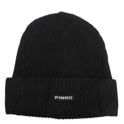 Pinko Knitted Beanie Hat With Logo In Black
