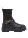Pinko Rounded Toe Black Leather Ankle Boots With Front Strap In Black