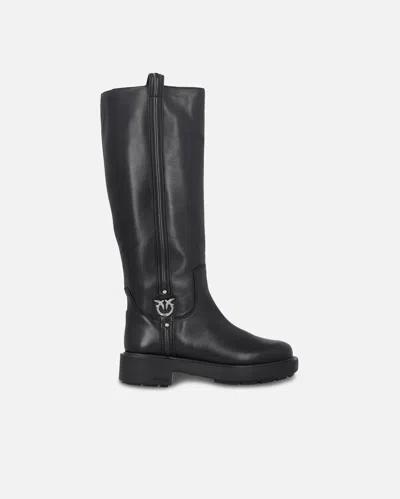 Pinko High Leather Boots With Logo Detail In Limo Black