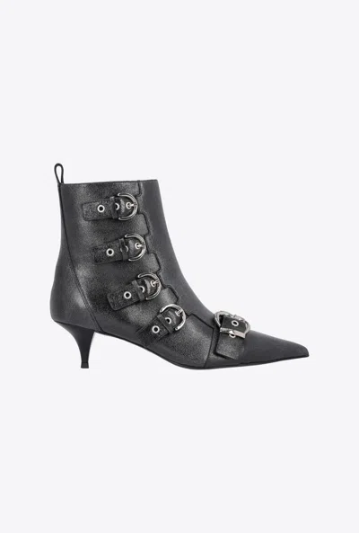 Pinko Pointed-toe Leather Ankle Boots With Heel And Buckles In Limo Black