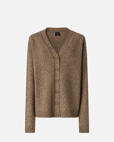 Pinko Bouclé Fabric Cardigan With Rhinestones In Brown