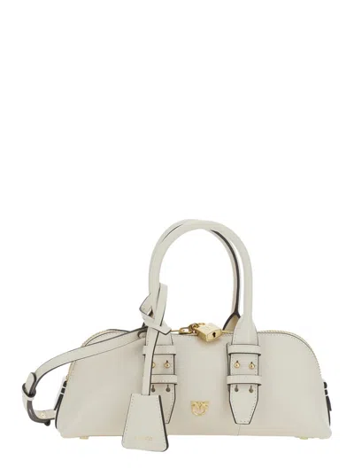 PINKO 'BOWLING BAG HORIZONTAL' WHITE HANDBAG WITH ADJUSTABLE AND REMOVABLE SHOULDER STRAP AND PADLOCK DETA