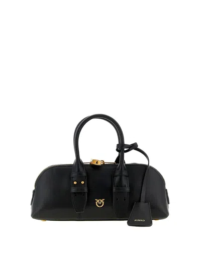 Pinko Bowling Bag Horizontal Black Handbag With Adjustable And Removable Shoulder Strap And Padlock Detail