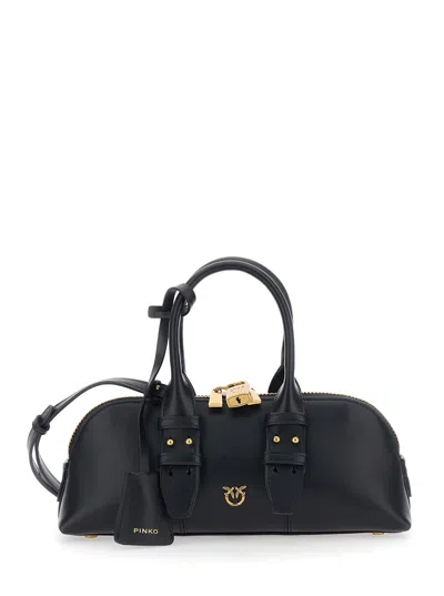 Pinko Bowling Bag Horizontal Black Handbag With Adjustable And Removable Shoulder Strap And Padlock Detail