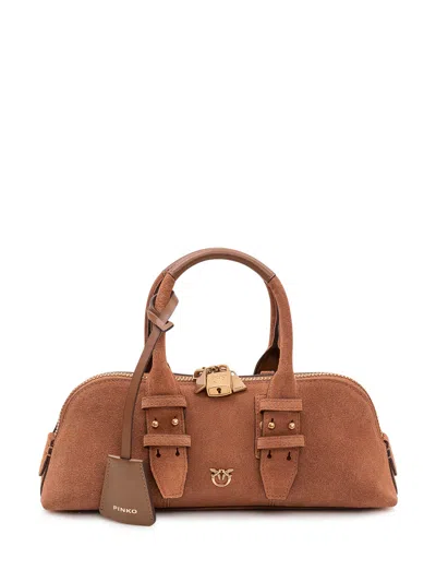 Pinko Bowling Handbaguette With Handles - Mini Size In Marrone/leone/antique Gold