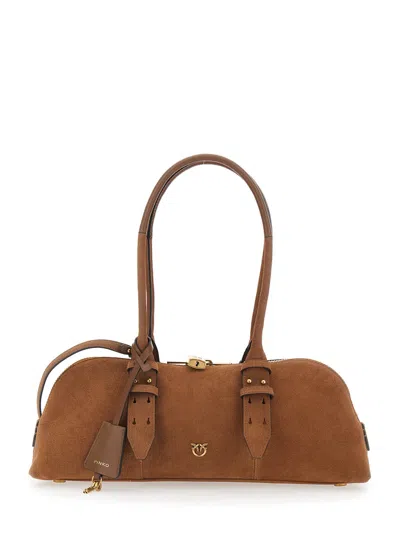 Pinko Bowling Horizontal Brown Large Shoulder Bag With Adjustable And Removable Shoulder Strap And Padlock