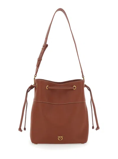 Pinko Brown Bucket Bag With Metallic Love Birds Logo On The Front In Hammered Leather Woman