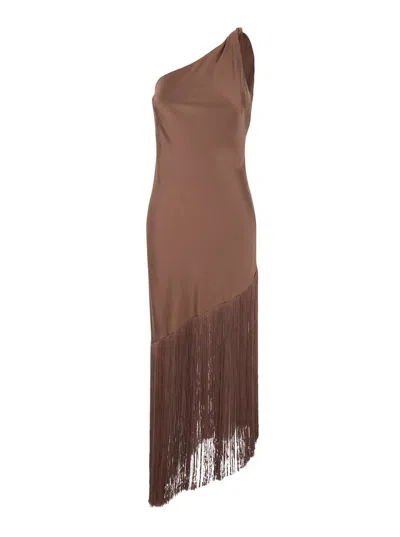 Pinko Brown Dress With Asymmetrical Design And Fringes In Tech Fabric Woman