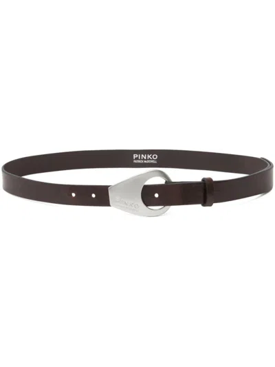 Pinko Brown Geometric Buckle Belt In Dark Brown-brushed Silver