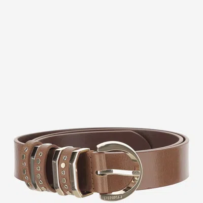 Pinko Brown Leather Belt With Studs In Metallic