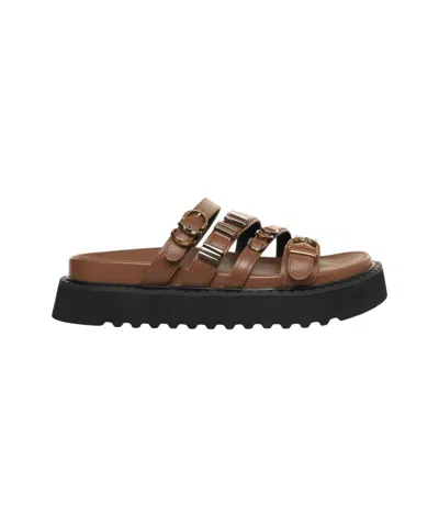 Pinko Brown Leather Sandals With Platform Sole And Metallic Buckles In Black