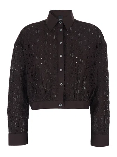 Pinko Brown Long-sleeved Shirt With Classic Collar And All-over Embroidery Design In