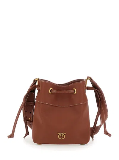 Pinko Brown Mini Bucket Bag With Metallic Love Birds Logo On The Front In Hammered Leather Woman