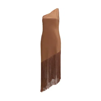 Pinko Brown Dress With Asymmetrical Design And Fringes In Tech Fabric Woman