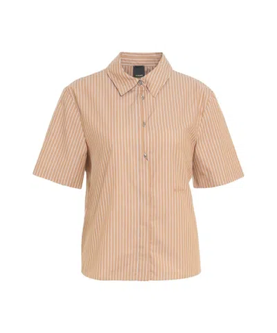 Pinko Brown Striped Shirt With Rounded Hem In Nude