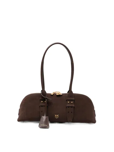 Pinko Brown Suede Horizontal Bowling Bag