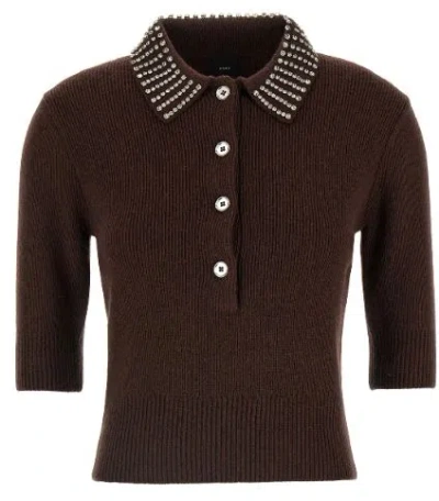 Pinko Emilia Blend Sweater With Rhinestones In Brown