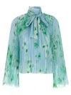 Pinko Pleated Sheer Floral Bow Long Sleeves In Green