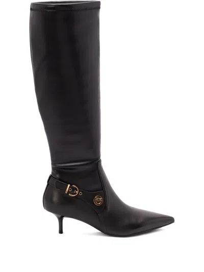Pinko Buckle-detail Pointed-toe High Boots In Black